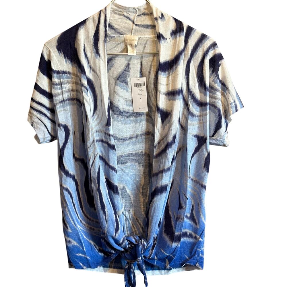 Chicos Womens Cardigan Sz 1 Open Front Blue Kelli Watercolor Zebra Print NWT